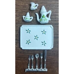 Vintage Dollhouse Miniature Enamel Pewter Metal Floral Painted Tea Set B15